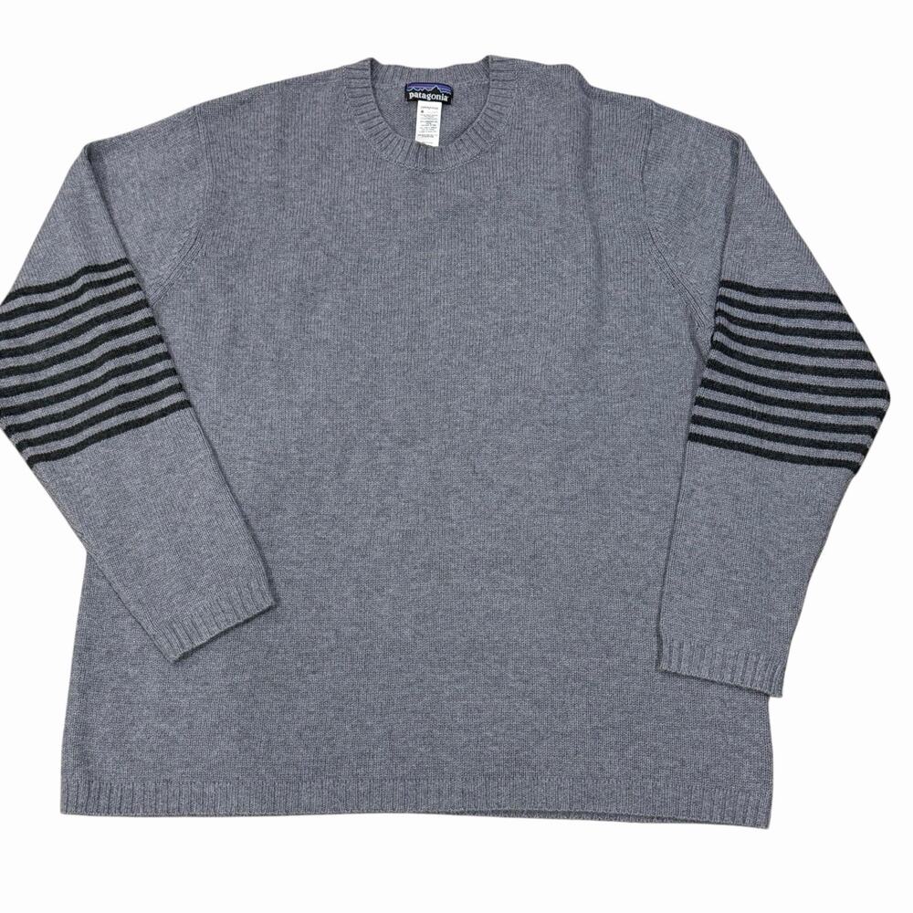 Patagonia Men's Heather Gray XXL Sweater Lambswool Blend Striped Sleeve Crewneck